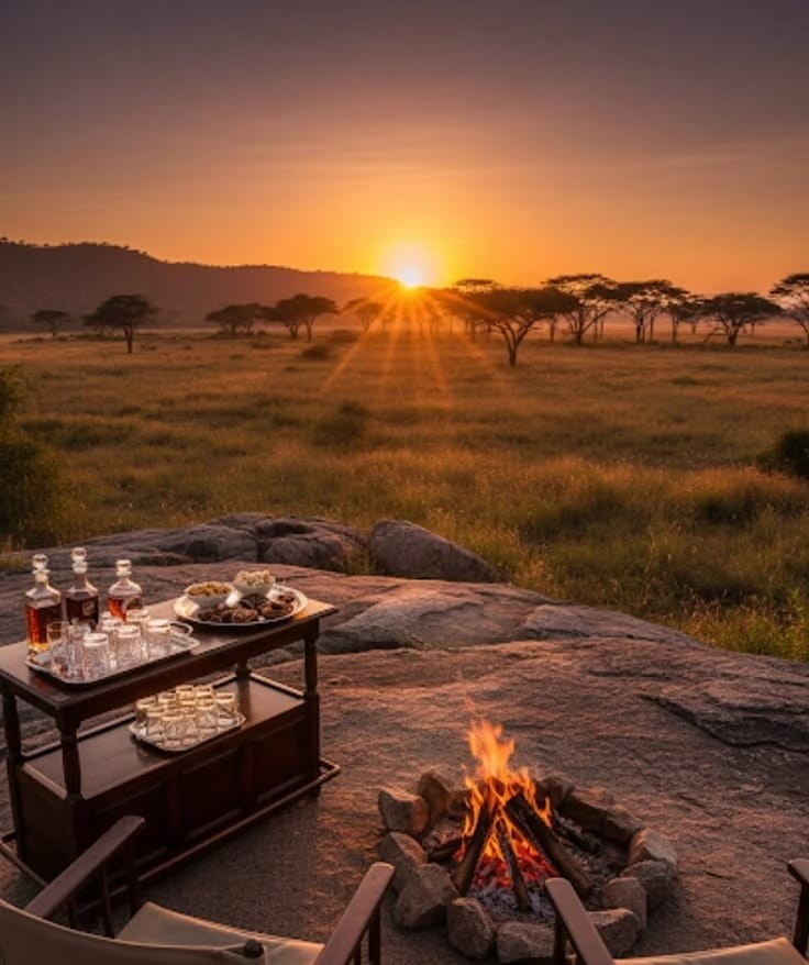 Sundowners set out beside a fire pit as the sun sets over the plains